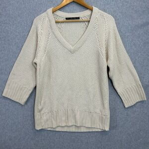 Zara Knit Sweater Cream V-Neck Textured Autumn Neutral Old Money Womens Small